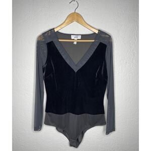 Belle Badgley Mischka Bodysuit Women's Sz 12 (M/L) Black Sparkle Velveteen Mesh